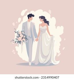 Wedding postcard scene couple bride and groom cartoon vector illustration graphic monochrome color brawn hand draw isolated on white background.