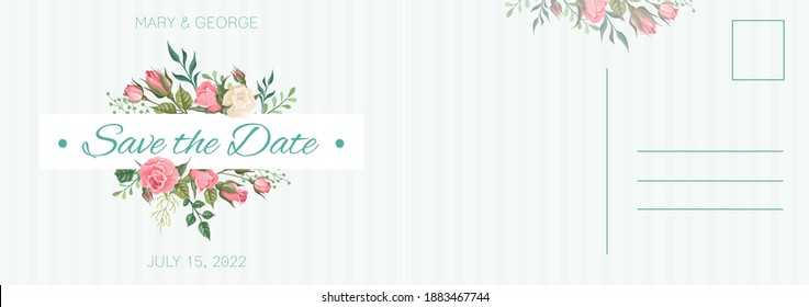 Wedding postcard. Summer bouquet botanical letter template. Romantic hand drawn card with elegant pink rose flowers and leaves with copy space floral design invitation and greeting vector illustration