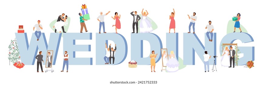 Cartel de la boda con letras enormes y novio feliz y novia, recién casados e ilustraciones vectoriales de invitados. Ceremonia de matrimonio, celebración de una fiesta de soltería