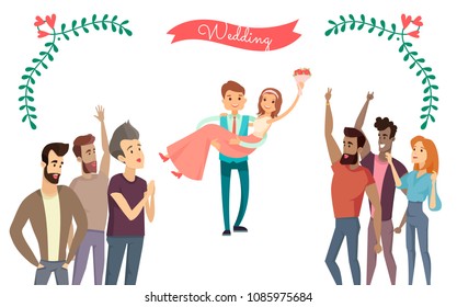 Wedding poster isolated on white happy couple vector illustration with red ribbon, leaves and flowers spectators of unification process cute newlyweds