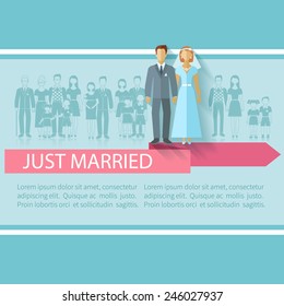 Wedding poster with just married couple and extended family guests flat vector illustration