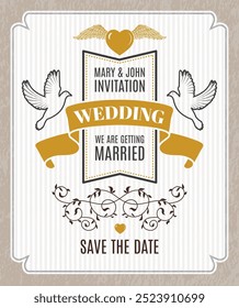 wedding poster. placard invitation to happy couples getting married. vector template design with ribbons and decorative frames