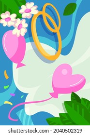 Cartel de boda con anillos y globos. Diseño de postales al estilo de las caricaturas.