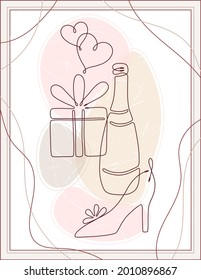 Wedding poster with single line drawing hearts, bottle of champagne, gift, wedding shoe, abstract textured pastel shapes. Minimal wall art. Line art drawing. Art design for wedding decoration.
