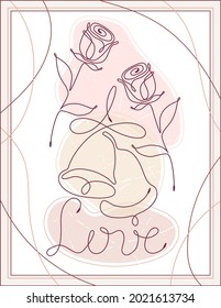 Cartel de bodas con campanas de dibujo de una sola línea, palabra amor, rosas abstractas formas pastel texturizadas. Mínimo arte mural. Dibujo de líneas. Diseño artístico para la boda, decoración de San Valentín