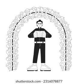 Wedding preacher monochrome concept vector spot illustration. Officiant under flowers arch 2D flat bw cartoon character for web UI design. Catholic priest isolated editable hand drawn hero image