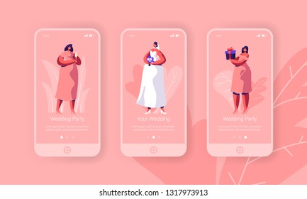 Wedding Preparation Bachelorette Party Mobile App Page Onboard Screen Set. Happy Bride with Flower Bouquet Wear White Dress. Bridesmaid in Pink Concept for Website. Flat Cartoon Vector Illustration