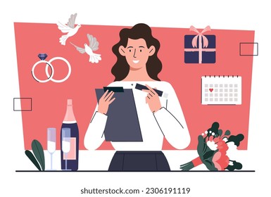 Wedding preparation concept. Woman stands with pencil near list and checks affairs and purchases for wedding ceremony. Manager with checklist. Doves and rings. Cartoon flat vector illustration