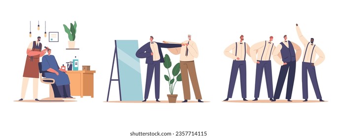 Wedding Preparation of Groom. Male Character Readies Tailored Attire, Visiting Barber, Meet with Friends at Stag Party