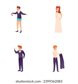 Wedding preparation icons set cartoon vector. Bride and groom dress for ceremony. Wedding, celebration, event