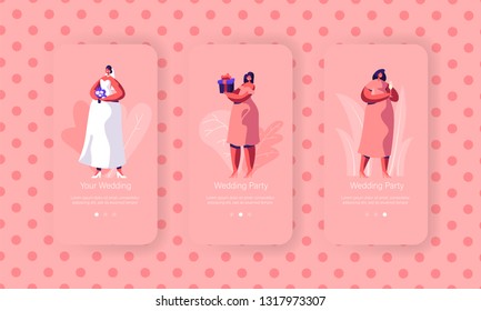 Wedding Preparation Mobile App Page Onboard Screen Set. Beautiful Bride with Bouquet Wear White Dress. Bridesmaid in Pink Clothes Concept for Website. Flat Cartoon Vector Illustration