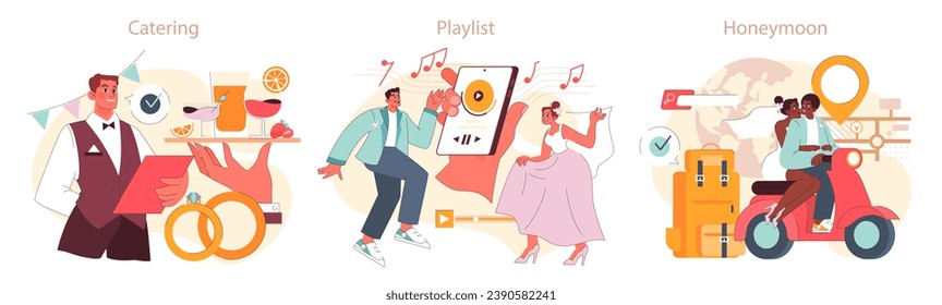 Wedding Preparation set. Groom finalizes catering details, couple enjoys their playlist, newlyweds plan a romantic honeymoon. Memorable moments. Love and commitment. Flat vector illustration.