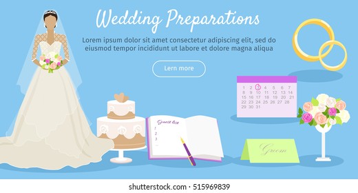 Wedding preparations web banner. Get ready for the wedding day. Preparation for the marriage ceremony. Planning everything ahead. Choosing the date, place, decoration, restaurant menu. Vector