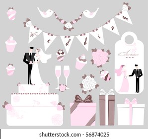 wedding presents, big tasty cake, glasses with wine, bride and groom, invitation, birds with flowers, bouquets.