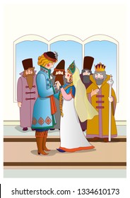 Wedding of prince and princess. Couple in love. Vector illustration for russian fairy tale about Firebird, Ivan Tsarevichand Grey Wolf.
