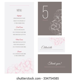 Wedding print ready set - menu, table number, name card, thank you card with fluid light rose petals and chololate brown background