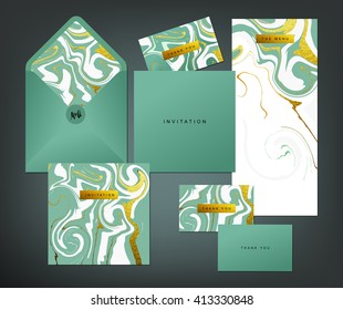 Wedding print set. Invitation card, menu and envelope vector templates with white and glittering gold liquid acrylic drips on green background. Paint vortexes and whirl texture with marble imitation.