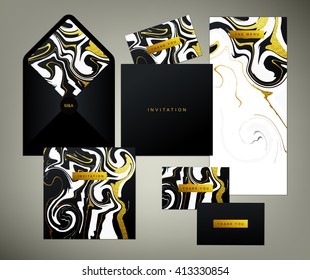 Wedding print set. Invitation card, menu and envelope vector templates with white and glittering gold liquid acrylic drips on black background. Paint vortexes and whirl texture with marble imitation.