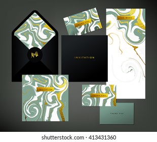 Wedding print set. Invitation card, menu and envelope vector templates with white and glittering gold liquid acrylic drips on grey background. Paint vortexes and whirl texture with marble imitation.