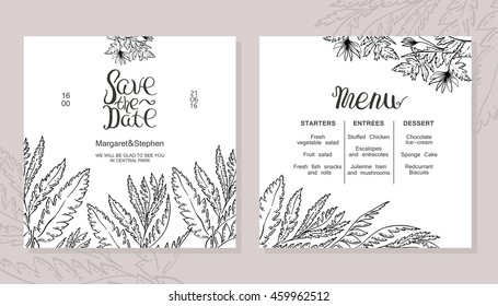 Wedding printing in rustic style. Save the date and menu. Flowers and plants. Hand drawn by pen and ink graphics. Vector illustration.