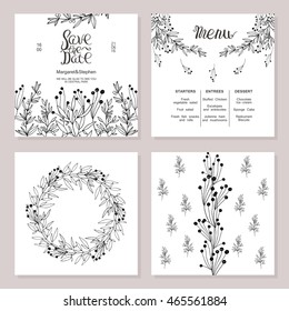Wedding printing in rustic style. Save the date and menu. Flowers and plants. Hand drawn by pen and ink graphics. Vector illustration.