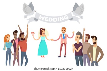 Wedding process lot of friends on festive ceremony, vector illustration happy crowd and newlyweds couple, white doves holding ribbon with lettering