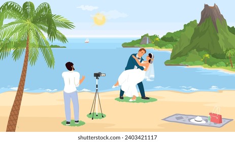 Wedding professional photograph taking photo of loving just married couple on beach coastline at sea resort vector illustration. Romantic vibes, marriage ceremony at seacoast