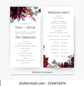 Wedding Program For Party & Ceremony Card Design With Red Rose Flowers, Burgundy Dahlia, Eucalyptus Branches, Leaves, Amaranthus And Berries Decoration. Vector, Watercolor Beauty Bohemian Template Set