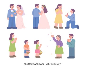 Wedding and proposal character illustrations featuring bride, groom, engagement, family, children and guests celebrating a romantic ceremony.