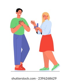 Wedding proposal concept.Woman give ring with diamond for man. Love and romance. Bride and groom. Husband and wife. Social media sticker. Cartoon flat vector illustration isolated on white background