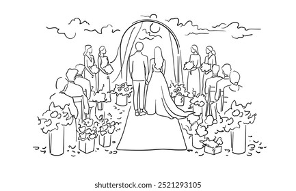 Wedding proposal continuous line art drawing isolated on white background. Wedding ceremony outline. Vector illustration