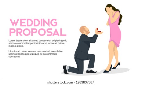 wedding proposal flat style illustration a man knee nad hold wedding ring in front of her standing happy bridal woman covered face with hand dont belive