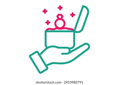 wedding proposal icon. hand with ring box. line icon style. wedding element illustration