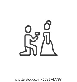 Ícone de linha de Proposta de casamento. sinal de estilo linear para conceito móvel e web design. Homem ajoelhado enquanto se propõe a uma mulher, segurando um ícone de vetor de contorno de caixa de anel. Símbolo, ilustração de logotipo