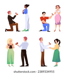 Wedding proposal male and female characters set, flat vector illustration isolated on white background. Engagement or marriage proposal with men and women personages.