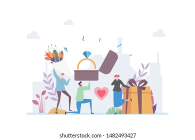 Wedding Proposal Vector Illustration Concept Showing a gentleman proposing with sparkling diamond ring, Suitable for landing page, ui, web, App intro card, editorial, flyer, and banner.