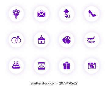wedding purple color vector icons on light round buttons with purple shadow. wedding icon set for web, mobile apps, ui design and print