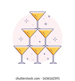 Wedding pyramid from glasses icon in line art. Champagne tower with sparkling wine for wedding party in colored vector linear illustration.