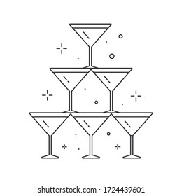 Wedding pyramid from glasses icon in line art. Champagne tower with sparkling wine for wedding party logo template.