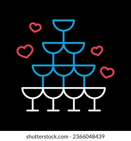 Wedding pyramid from glasses isolated on black background icon. Vector illustration, romance elements. Sticker, patch, badge, card for marriage, valentine