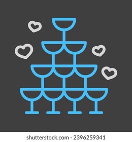 Wedding pyramid from glasses isolated on dark background icon. Vector illustration, romance elements. Sticker, patch, badge, card for marriage, valentine