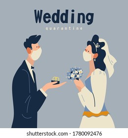 Wedding quarantine. Groom and bride wearing wedding dress and mask on wedding day. Flat vector illustration.