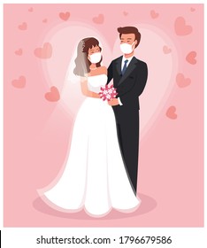 Wedding quarantine. Groom and bride wearing protective face mask on wedding day. Flat vector illustration.  vector wedding Couple Wearing Mask During Corona Pandemic. Coronavirus Protection New normal