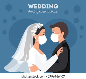 Wedding quarantine. Groom and bride wearing protective face mask on wedding day. Flat vector illustration.  vector wedding Couple Wearing Mask During Corona Pandemic. Coronavirus Protection New normal