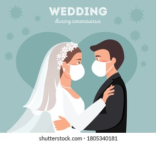 Wedding quarantine. Groom and bride wearing protective face mask on wedding day vector illustration. Wedding Couple Wearing Face Mask During Coronavirus Pandemia. COVID-19 Protection New normal.