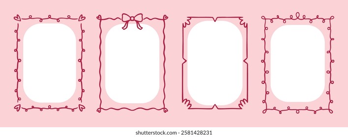  wedding quirky trendy frame or text box card, hand drawn pink borders or wavy borders. cute romantic frames line art. Vector illustration