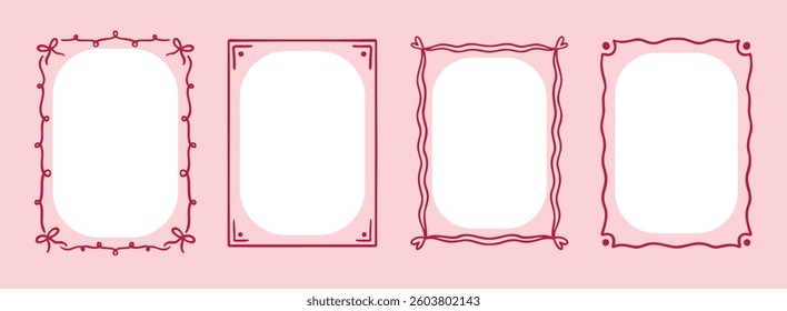 wedding quirky trendy frame or text box card, hand drawn pink borders or wavy borders. cute romantic frames line art. Vector illustration