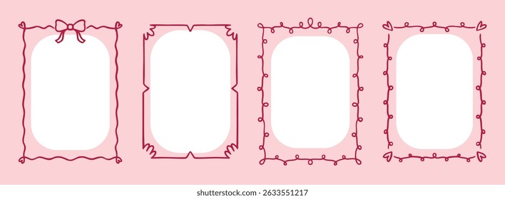  wedding quirky trendy frame or text box card, hand drawn pink borders or wavy borders. cute romantic frames line art. Vector illustration