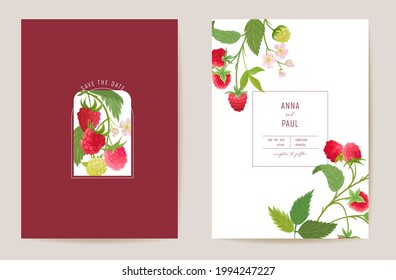 Wedding raspberry floral vector card, berry fruits, flowers, leaves invitation. Watercolor template frame. Botanical Save the Date cover, modern poster, trendy design, luxury background