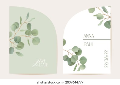 Wedding realistic eucalyptus, green leaf branches floral Save the Date set. Vector leaves greenery boho invitation card. Watercolor template frame, foliage cover, modern poster, trendy design
